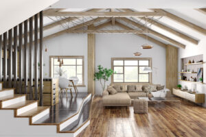 Modern interior design of house, kitchen, living room with sofa, staircase 3d rendering